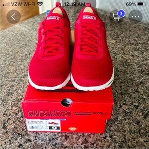 Gorgeous RED Skechers Go Walk. Wide fit. New only tried on inside home.